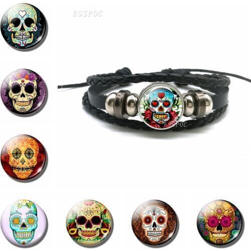 Sugar Skull Bracelet Mexico Folk Art Sugar Skull Black Leather Bracelet Tourist Souvenir Day of the Dead Jewelry Halloween Gift