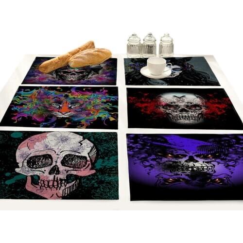 Colorful Skull Printing Linen Placemat Insulation Tablecloth Kitchen Table Mat Coaster Set Home Decoration Accessories Modern