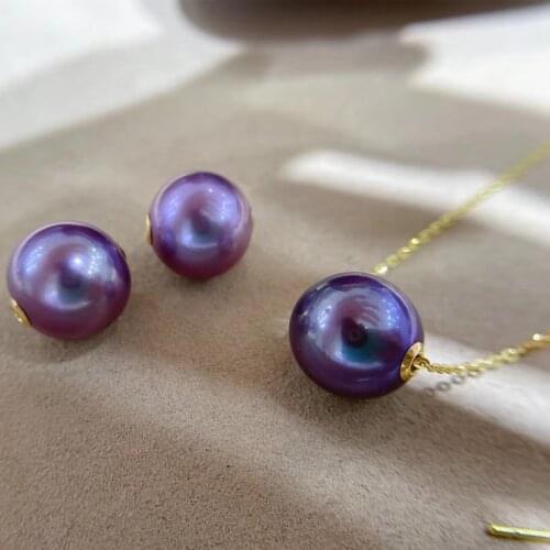 HENGSHENG Fine Jewelry 18K Gold Round 12mm Nature Fresh Water Edison Purple Pearls Pendants 925 Sterling Silver Chain Necklaces