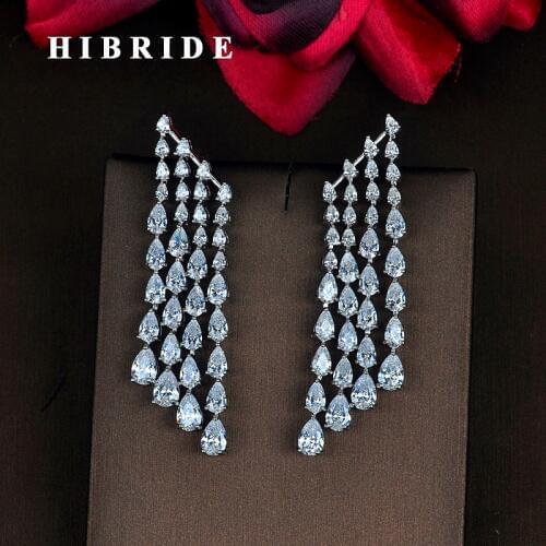 HIBRIDE Sparkling Water Drop Cubic Zirconia Tassel Earring Brincos Jewelry Green And White CZ Earrings Wholesale Price E-813