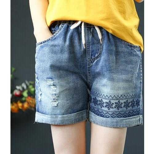 Summer Women Casual Plus Size Denim Shorts Elastic High Waist Ripped Vintage Embroidery Jeans Shorts Pants Ropa De Mujer