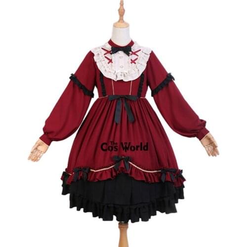 [Li Li An] Japanese Lolita Sweet Long Sleeve Bowknot One-piece Shirt Dresses Costumes With Hairband