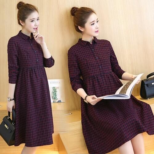 Autumn New Maternity Dress High Waist Loose Long Plaid Long Sleeve Dresses Pregnancy Clothes For Pregnant Women