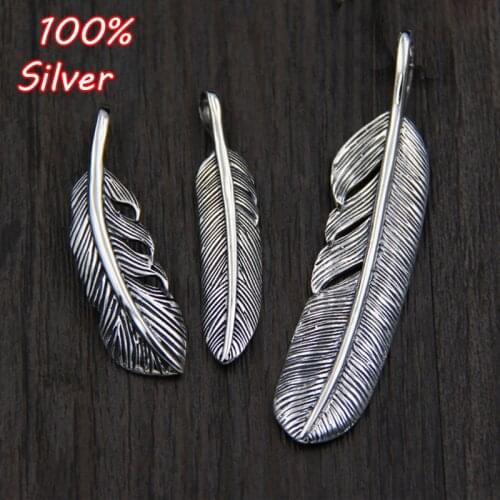 Classic Retro Feather Design Charm 925 Sterling Silver Men Women Jewelry Accessories DIY Necklace Pendant Nostalgic Materials