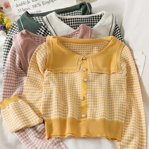 2021 Autumn Girls Peter Pan Collar Plaid Sweater Cropped Pullover Crop Top Full Sleeve Buttons Sweaters Pullovers For Female