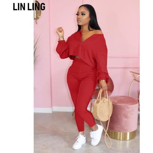 LINLING Autumn Womens Pure Color Temperament Casual Two Piece Long Sleeve Pants Suit 2 Piece Sets