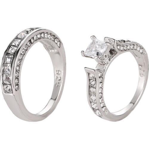 2 Pcs/Set Twinkling Full Little Crystal Big Square Zircon Luxury Couple Silver Plated Rings For Women Men 5 Sizes