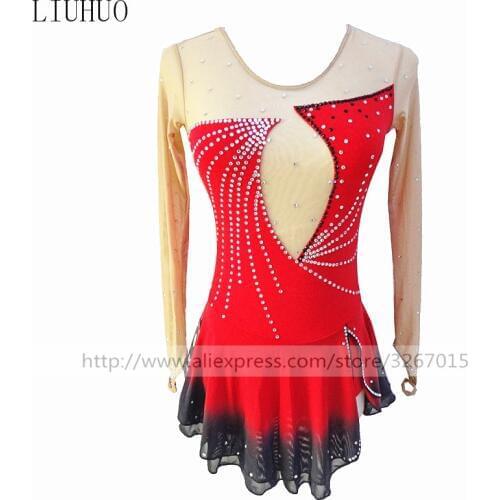 Figure Skating Dress Womens Girls' Ice Skating Dress Competition clothing Red round neck long sleeve Red black gradient skirt