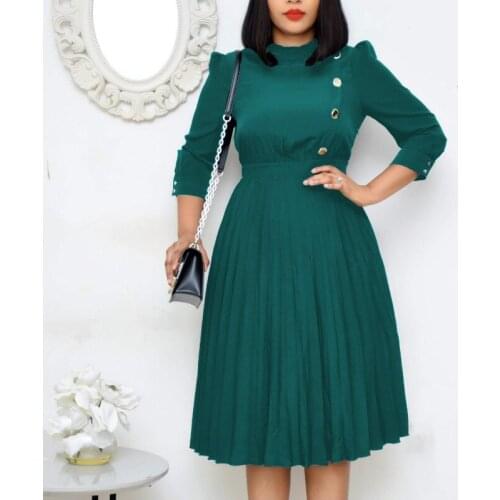 Pleated Dress African Dresses For Women Black Office Lady Dress African Clothes Stand Collar Knee Length Dress Robe Vestidos