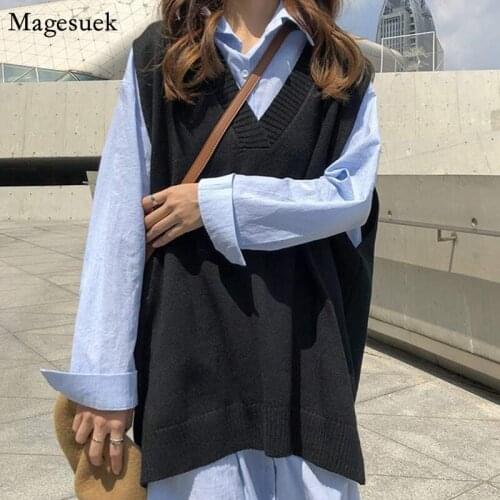 Pullover Women Sweater Vest Autumn And Winter Korean Knitted Sweater Black Vest Loose Casual Jumpers Sleeveless Sweaters 16840