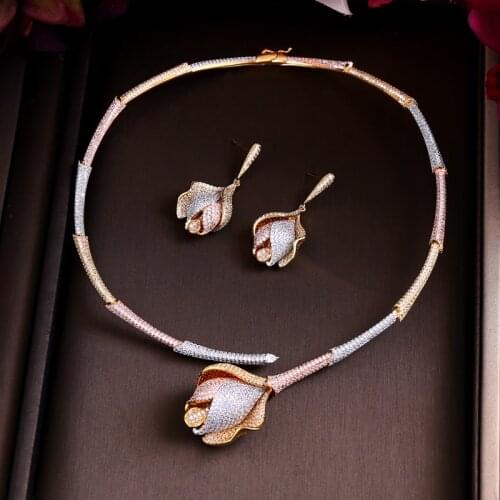 Luxury 3 tone plated cubic zirconia african indian multi layer necklace earrings Nigeria Rose wedding bridal jewelry sets