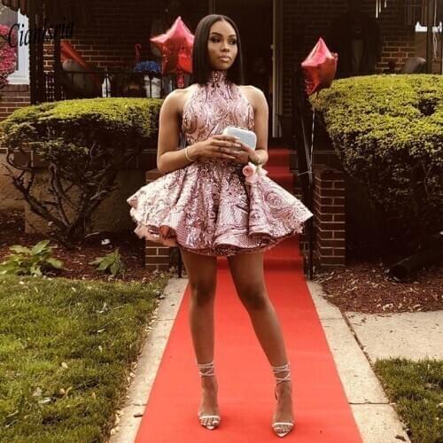 Pink Sequined Halter Backless African Nigerian Mini Ball Gown Cocktail Dresses Sleeveless Short Prom Party Homecoming Dresses