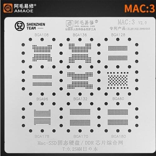 AMAOE Stencil MAC:3 MAC3 For Mac-SSD NAND/DDR IC BGA108 BGA136 BGA128 BGA178 BGA96 BGA170 BGA180 BGA132 Reballing Tin Plant Net