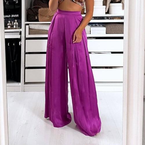 Vintage Women Loose Satin Purple Wide Leg Long Pants 2021 Spring Summer Fashion Ladies High Waist Trousers Casual Female Chic