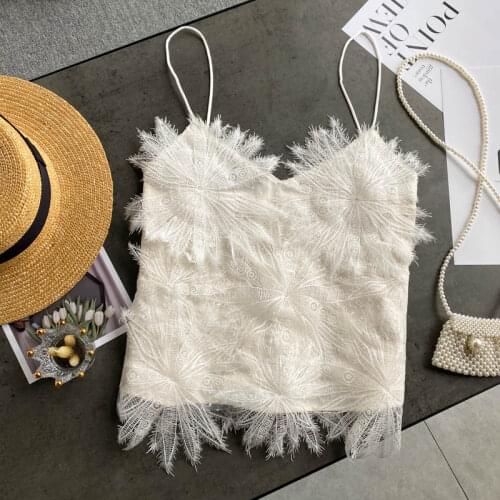 French Style Lace Embroidery Flower Camisole Womens Fringed Feather Slim Fashion Tank Tops Sleeveless All-match Cropped Top