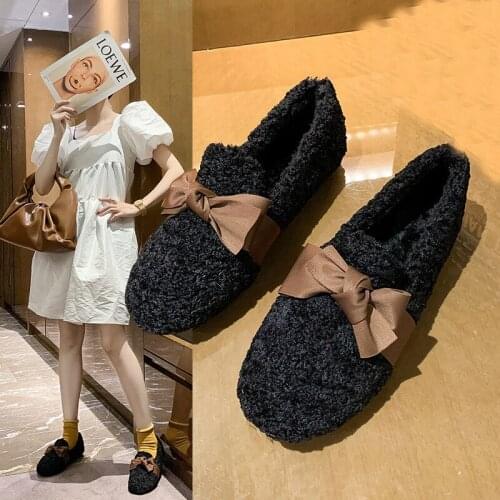 Big Size 34-43 silk bow-knot fur flats woman sneakers winter cotton shoes women plush loafers curly sheep wool moccasins 2021