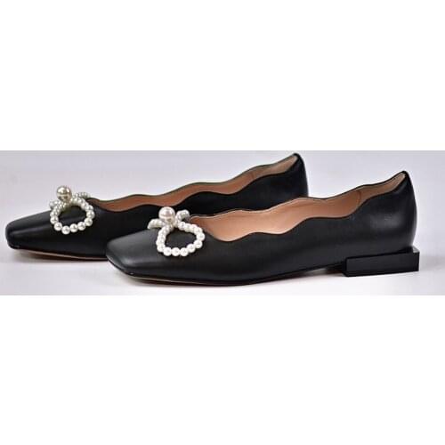 Womens Pearls Square Toe Genuine Leather Low Heel Bowknot Shoes Mary Janes Loafers Slip On Black White New 2021
