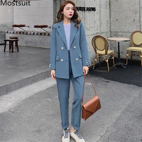 Casual Korean Women Pant Suits Sets Notched Collar Blazer Jacket + Pants Sets Blue Female Suit Spring Autumn 2020 High Quality