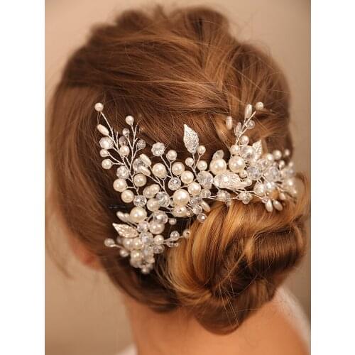 Silver Leaves Wedding Accessories Pearls Women Hair Jewelry Handmade Bridal Headwear Noivas Headpieces Party Headband