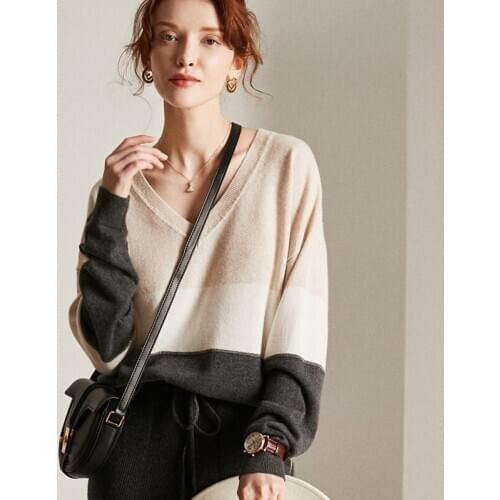 100% Cashmere Pullover Women Patchwork Chain Design V Neck Long Sleeves Ladies Casual Loose Cashmere Sweater Women New Fashion