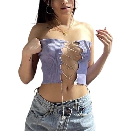 IMCUTE Y2K Ribbed Knit Sleeveless Strapless Vest Womens Sexy Tube Top Cross Strap Hollow Vest Summer Ultra Short Slim Vest