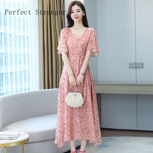 High Quality 2021 Dresses For Women V Collar Flower Printed Flare Sleeve Girl Chiffon Long Dress Pink