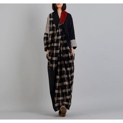Women Plaid Patchwork Dress Ladies V neck Fashion Mermaid Dress Loose Spring Autumn Dress Retro Vintage Dress
