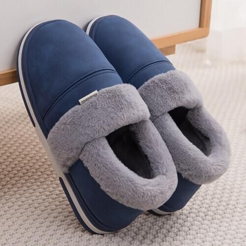 Winter Slippers Men Waterproof PU Leather Slippers Platform Velvet Fur Slippers Warm Home Slippers for Men Soft Comfy Shoes Male