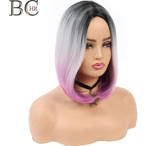 BCHR Short Bob Synthetic Pink Wigs For Women Dark Roots Ombre White Grey Color Middle Part Cosplay Wig