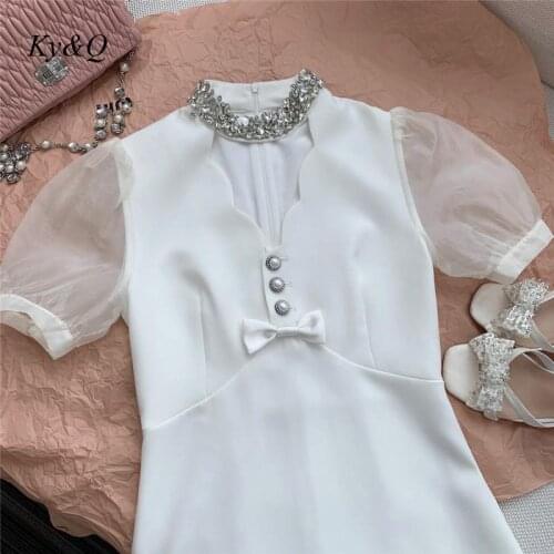 White Temperamental Dress Runway Luxury Chic Women Korean Fashion Vintage Diamonds Bow Princess Tea Break Dresses Clothes