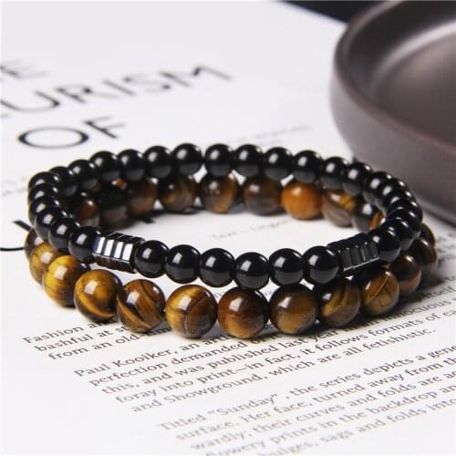 2pcs/Lot Quality Natural Tiger Eye Stone Fashion Bracelets 8mm Beads Bracelet Couple Men Women Hematite Elastic Energy Bracelet