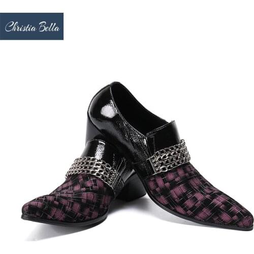 Christia Bella Luxury Metal Chain Men Shoes Fashion High Heels Loafres Casual Party Shoes Mens Pointed Toe Wedding Dress Shoes