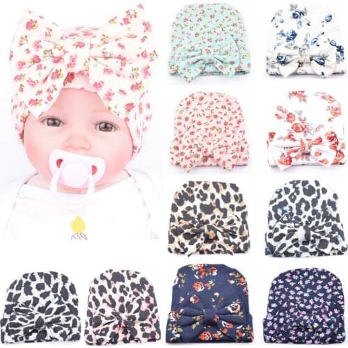 Baby Cute Caps Hat Classic Bowknot Floral Leopard Print Hat for Newborn Infant Comfy Warm Knitted Cap Clothing