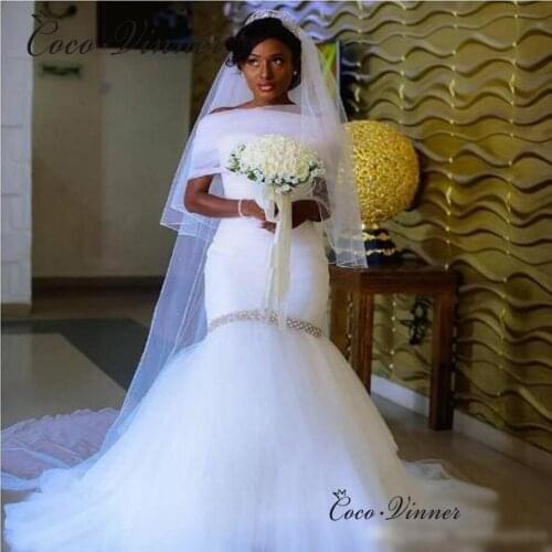 Elegant Tulle Wedding Dress African New Cap Sleeve Crystal Beaded Lace Up White Mermaid Wedding Dress Bridal Gown W0473