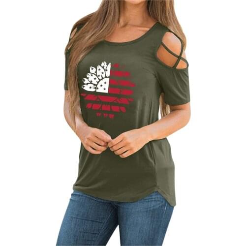 Star Stripe Sunflower T Shirt Women Off Shoulder Short Sleeve T-shirt 4th Of July Independence Day Holiday Tshirt Poleras Mujer