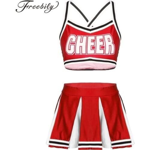2Pcs Women Adults Cheerleader Costume Outfit Sleeveless Crop Top with High Waist Mini Pleated Skirt Female Cheerleading Uniforms