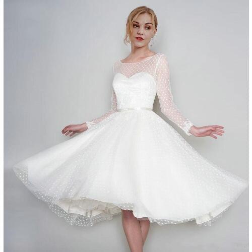 Knee Length Lace Wedding Dresses 2020 Long Sleeves Princess Jewel Sheer Neck Wedding Dress Bridal Gowns vestidos de noiva