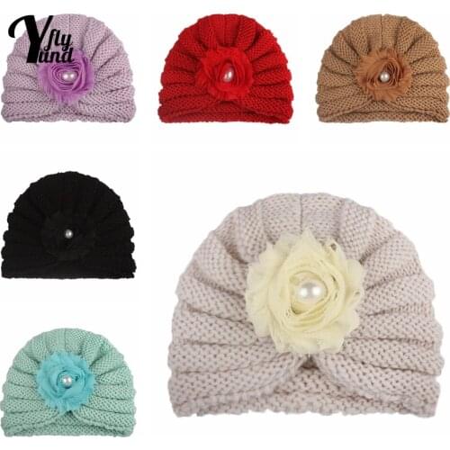 Yundfly Lovely Handmade Flowers Infant Indian Hat Autumn and Winter Warm Knitting Wool Baby Caps Solid Color Striped Kids Bonnet