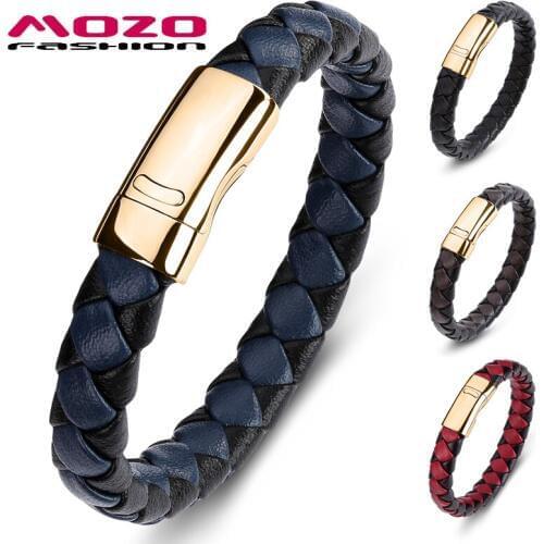 Men Retro Braided Leather Handmade Bracelet Trendy Stainless Steel Clasp Wrist Band Blue Bangles