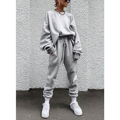 Solid Tracksuit Women Two Piece Set Autumn Clothes Oversize Sweatshirt Top and Stacked Pants Jogging Suit Female Leisure Outfits