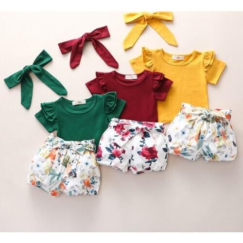 Hot Infant Girl Clothes 3PCS Newborn Baby Girl Romper T-shirt + Floral Shorts +Headband Outfit