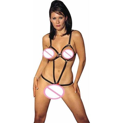 Hot Women PU Leather Harness Body Cage Belts Fetish Bondage Restraints Erotic Open Bust Crotchless Bodysuits Sexy Lingerie Wear