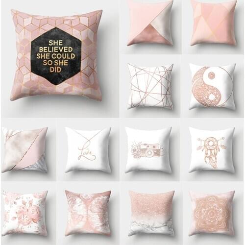 Pink Cushion Cover 45X45 Pillowcase Flowers Geometry Printed Sofa Cushions Polyester Decorative Pillow Covers Home Decor