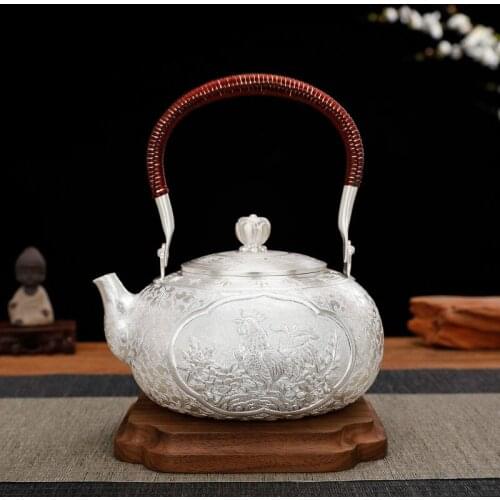 Silver Kettle, Pure Silver 999 Hand Carved Chinese Household Tea Set, Pure Silver Kettle