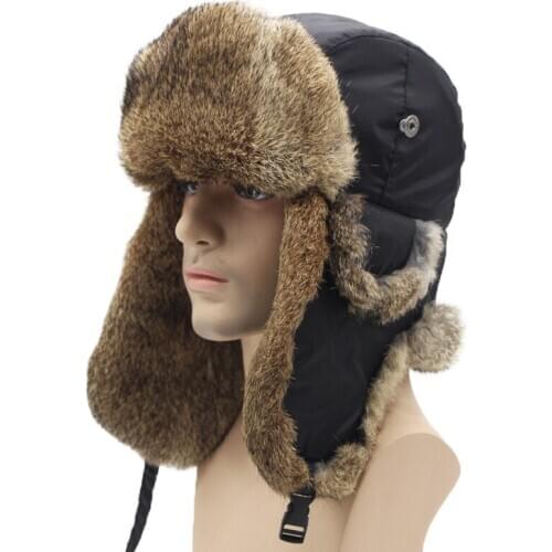 Bomber Hats Winter Men Warm Russian Ushanka Hat With Ear Flap Windproof PU Leather Fur Trapper Hunting Cap Earflap