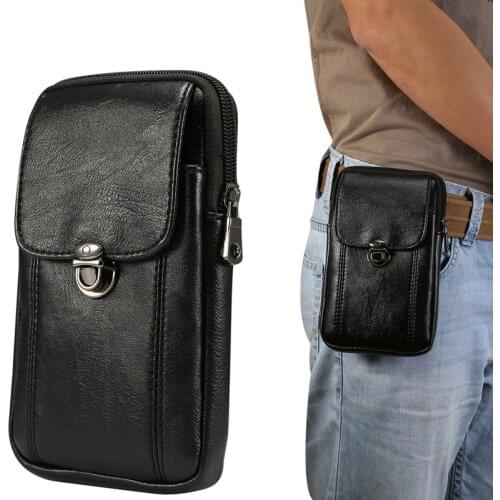 Man Soft Litchi PU Leather Wallet Case Double Layer Zipper Fanny Pack Men Waist Belt Bag for iPhone Xiaomi Huawei in 6.0 inch