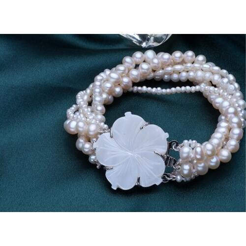 Wedding Woman Jewelry 100% Real Natural White Pearl Multilayer Bracelet Flower Clasp 18cm \ 7inch