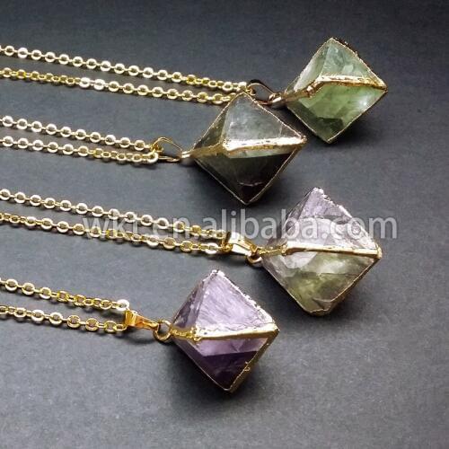 WT-N186! Natural crystal fluorite necklace, natural green fluorite stone necklace with gold trim on edged