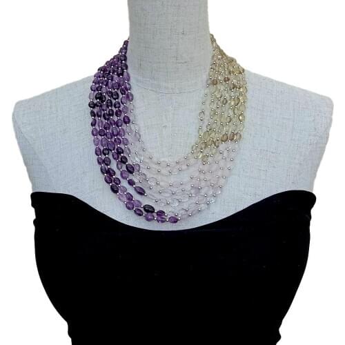 YYGEM Natural 7 Strands Amethyst Rose Quartz Lemon Quartz Freeform statement Necklace 18"