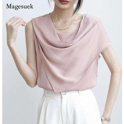 French 2021 Summer Fashion Blouse Solid O-neck Silk Sleeveless Shirt for Women Elegant Casual Office Lady Satin Tops Blusa 15510